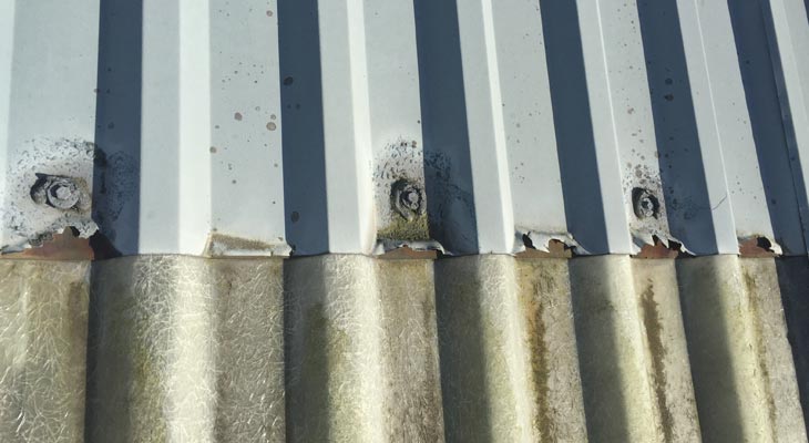 Cut edge corrosion to roof fixing points and tops of rooflights