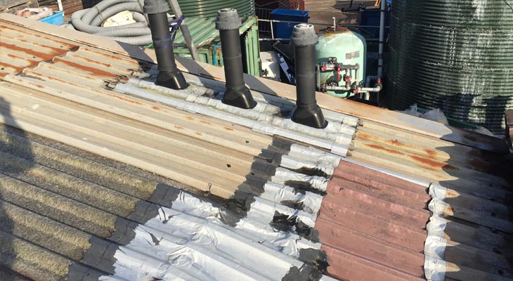 Roof sheet delamination and temp repairs to roof penetrations and midlap joints