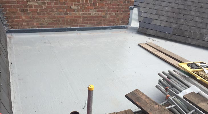 Newly installed GRP flat roof with final top coat applied