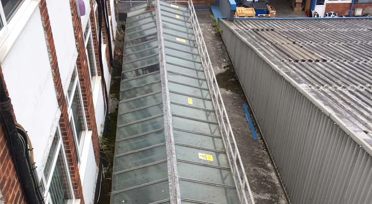 Looking down on glass atrium