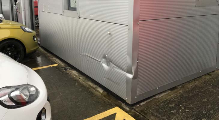 Low-level vehicle impact damage to Kingspan panel and corner flashing